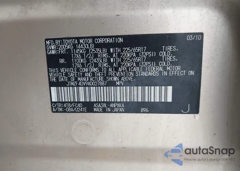 2010 Toyota Rav4 z USA, uszkodzony, nr VIN JTMZF4DV9AD027887